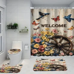 4-Piece Bathroom Set, Waterproof Polyester Shower Curtain with 12 Hooks 180cm*180cm(70