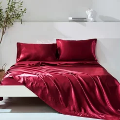 4-Piece Bed Sheets Set Deep Pocket Luxury Silk Satin Cooling Soft Plain Includes 1 Flat Sheet 1 Fitted Sheet 2 Pillowcase Suit