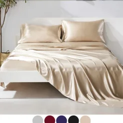 4-Piece Bed Sheets Set Deep Pocket Luxury Silk Satin Cooling Soft Plain Includes 1 Flat Sheet 1 Fitted Sheet 2 Pillowcase Suit