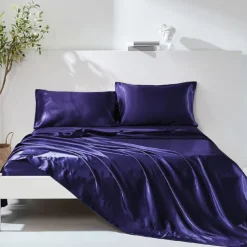 4-Piece Bed Sheets Set Deep Pocket Luxury Silk Satin Cooling Soft Plain Includes 1 Flat Sheet 1 Fitted Sheet 2 Pillowcase Suit