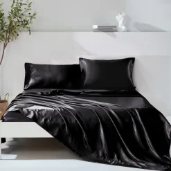 4-Piece Bed Sheets Set Deep Pocket Luxury Silk Satin Cooling Soft Plain Includes 1 Flat Sheet 1 Fitted Sheet 2 Pillowcase Suit