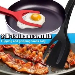 2-Piece Black And Red Silicone Spatula Suitable For Eggs Pancakes And Steaks - Slotted Design For Easy Flipping And Storage - Ideal For Grilling Burgers Etc. - A Must-Have In The Kitchen