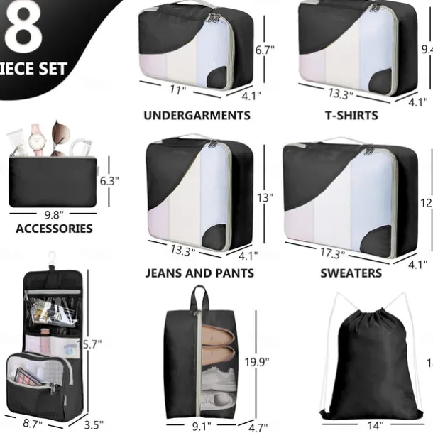 8-Piece Compression Packing Cubes Set for Travel, Luggage Storage and Organizer, Ultra-Light Travel Storage Bags