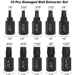 10-Piece Set Broken Head Bolt Screw Cap Extractor - Hexagon Socket Bolt Removal Tool, Chrome Vanadium Steel, for Screws, Bolts, and Studs