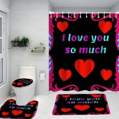 4-Piece Shower Curtain Set Valentine's Day Bathroom Decor , Modern Home Bathroom Decor with Bath Mat, U-Shaped Mat, Toilet Lid Cover, and 12 Hooks