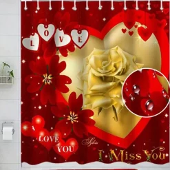 4-Piece Shower Curtain Set Valentine's Day Bathroom Decor , Modern Home Bathroom Decor with Bath Mat, U-Shaped Mat, Toilet Lid Cover, and 12 Hooks