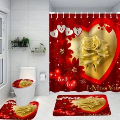 4-Piece Shower Curtain Set Valentine's Day Bathroom Decor , Modern Home Bathroom Decor with Bath Mat, U-Shaped Mat, Toilet Lid Cover, and 12 Hooks
