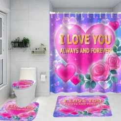 4-Piece Shower Curtain Set Valentine's Day Bathroom Decor , Modern Home Bathroom Decor with Bath Mat, U-Shaped Mat, Toilet Lid Cover, and 12 Hooks