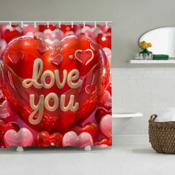 4-Piece Shower Curtain Set Valentine's Day Bathroom Decor , Modern Home Bathroom Decor with Bath Mat, U-Shaped Mat, Toilet Lid Cover, and 12 Hooks