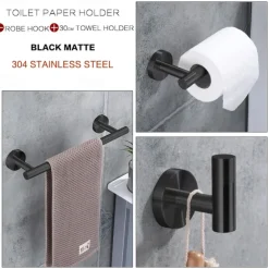 3-Piece Stainless Steel Bathroom Towel Rack Set - Includes Towel Bar, Toilet Paper Holder, and Hook - Available in 4 Finishes: Polished Chrome, Brushed Nickel, Black, and Brushed Gold