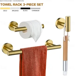 3-Piece Stainless Steel Bathroom Towel Rack Set - Includes Towel Bar, Toilet Paper Holder, and Hook - Available in 4 Finishes: Polished Chrome, Brushed Nickel, Black, and Brushed Gold