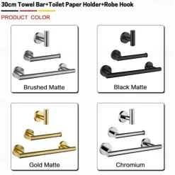 3-Piece Stainless Steel Bathroom Towel Rack Set - Includes Towel Bar, Toilet Paper Holder, and Hook - Available in 4 Finishes: Polished Chrome, Brushed Nickel, Black, and Brushed Gold