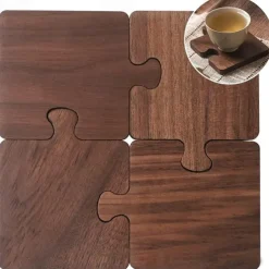 4-Piece Vintage Wooden Puzzle Coasters, Heat-Resistant Drink Coaster Set, Tabletop Protection for Office Desk, Bar, Home Decor
