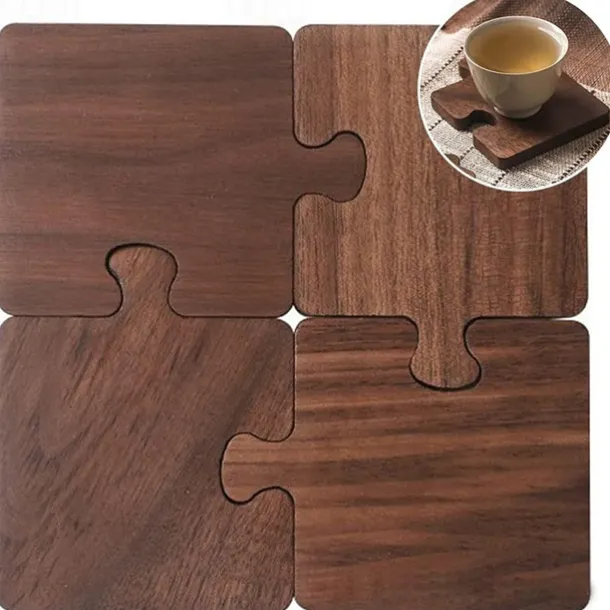 4-Piece Vintage Wooden Puzzle Coasters, Heat-Resistant Drink Coaster Set, Tabletop Protection for Office Desk, Bar, Home Decor