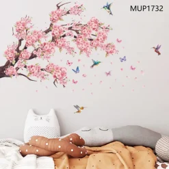 Pink Branch Birds Butterflies Wall Sticker Art Decals Removable Living Room Bedroom Study Home Background Decorative Stickers