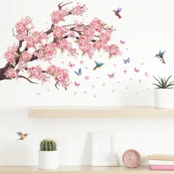 Pink Branch Birds Butterflies Wall Sticker Art Decals Removable Living Room Bedroom Study Home Background Decorative Stickers