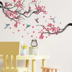 Pink Branch Birds Butterflies Wall Sticker Art Decals Removable Living Room Bedroom Study Home Background Decorative Stickers