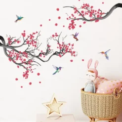 Pink Branch Birds Butterflies Wall Sticker Art Decals Removable Living Room Bedroom Study Home Background Decorative Stickers