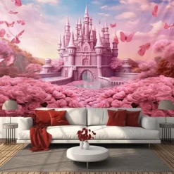 Pink Castle Hanging Tapestry Wall Art Large Tapestry Mural Decor Photograph Backdrop Blanket Curtain Home Bedroom Living Room Decoration