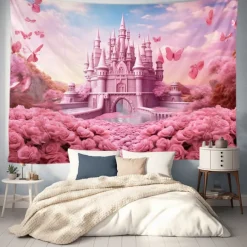 Pink Castle Hanging Tapestry Wall Art Large Tapestry Mural Decor Photograph Backdrop Blanket Curtain Home Bedroom Living Room Decoration