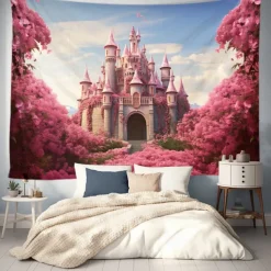 Pink Castle Hanging Tapestry Wall Art Large Tapestry Mural Decor Photograph Backdrop Blanket Curtain Home Bedroom Living Room Decoration