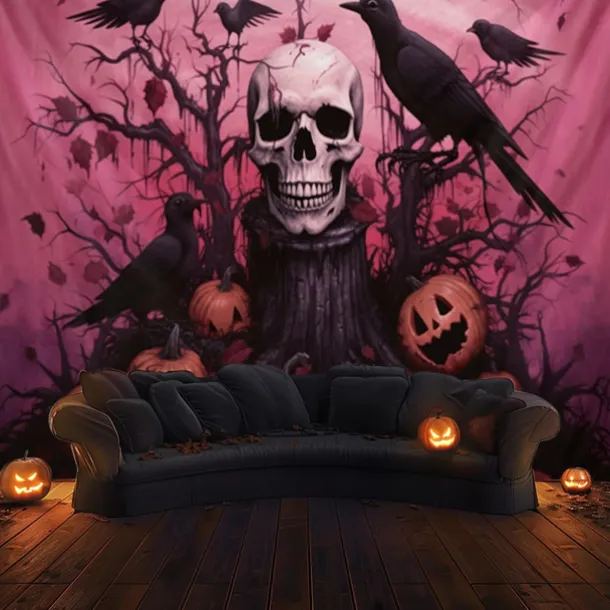 Pink Halloween Decorations Skll Hanging Tapestry Wall Art Large Tapestry Mural Decor Photograph Backdrop Blanket Curtain Home Bedroom Living Room Decoration Crow