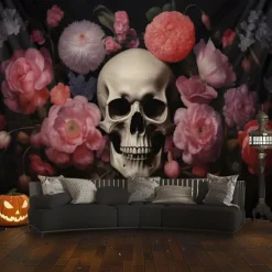 Pink Halloween Decorations Skll Hanging Tapestry Wall Art Large Tapestry Mural Decor Photograph Backdrop Blanket Curtain Home Bedroom Living Room Decoration Crow