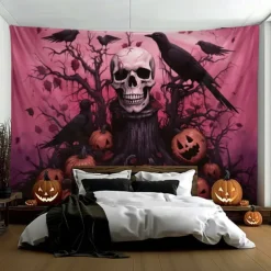 Pink Halloween Decorations Skll Hanging Tapestry Wall Art Large Tapestry Mural Decor Photograph Backdrop Blanket Curtain Home Bedroom Living Room Decoration Crow