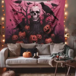 Pink Halloween Decorations Skll Hanging Tapestry Wall Art Large Tapestry Mural Decor Photograph Backdrop Blanket Curtain Home Bedroom Living Room Decoration Crow