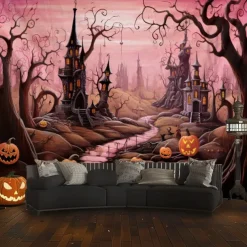 Pink Halloween Decorations Forest Hanging Tapestry Wall Art Large Tapestry Mural Decor Photograph Backdrop Blanket Curtain Home Bedroom Living Room Decoration