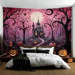 Pink Halloween Decorations Forest Hanging Tapestry Wall Art Large Tapestry Mural Decor Photograph Backdrop Blanket Curtain Home Bedroom Living Room Decoration
