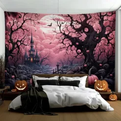 Pink Halloween Decorations Forest Hanging Tapestry Wall Art Large Tapestry Mural Decor Photograph Backdrop Blanket Curtain Home Bedroom Living Room Decoration