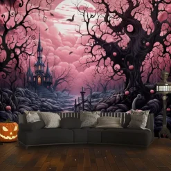 Pink Halloween Decorations Forest Hanging Tapestry Wall Art Large Tapestry Mural Decor Photograph Backdrop Blanket Curtain Home Bedroom Living Room Decoration