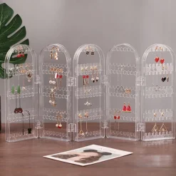 Plastic Clear Earrings Studs Display Rack Folding Screen Earring Jewelry Display Stand Holder Storage Box Gift For Women