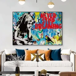 Pop art oil painting Christmas Gift handmade Graffiti art oil painting hand painted Street Art oil painting never give up painting office wall art decoration for bedroom living room Banksy Wall Art
