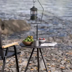 Portable Black Outdoor Table with Lamp Stand - Foldable, Iron Construction, Casual Style, Includes Storage Bag, Small Outdoor Table