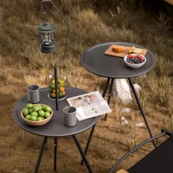 Portable Black Outdoor Table with Lamp Stand - Foldable, Iron Construction, Casual Style, Includes Storage Bag, Small Outdoor Table