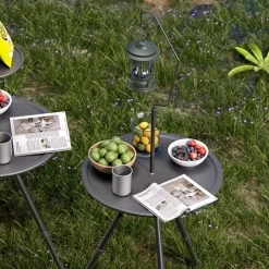 Portable Black Outdoor Table with Lamp Stand - Foldable, Iron Construction, Casual Style, Includes Storage Bag, Small Outdoor Table