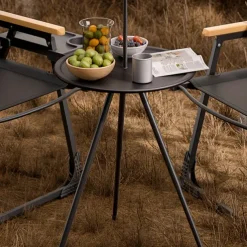 Portable Black Outdoor Table with Lamp Stand - Foldable, Iron Construction, Casual Style, Includes Storage Bag, Small Outdoor Table