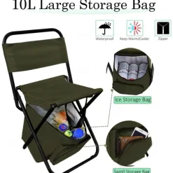 Portable Foldable Camping Chair with Cooler Bag, Lightweight Backrest Stool Compact Folding Chair Seat, Outdoor Backrest Stool with Folding Backpack for Camping Hunting Fishing Hiking