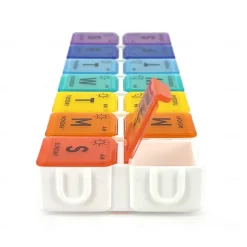 Portable 14-Grid Pill Box with Double Rows and Seven Days of Separation - Large Capacity Medicine Organizer with Open Cover for Morning and Afternoon Dosing