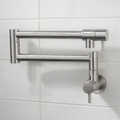 Pot Filler Bathroom Faucet Only Cold Water Stainless Steel, Brushed Golden Nickel Foldable Sink Wall Mount Folding Fill Pot Basin Tap Double Joint Swing Arm Single Hole 2 Handle