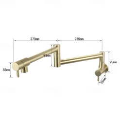 Pot Filler Bathroom Faucet Only Cold Water Stainless Steel, Brushed Golden Nickel Foldable Sink Wall Mount Folding Fill Pot Basin Tap Double Joint Swing Arm Single Hole 2 Handle