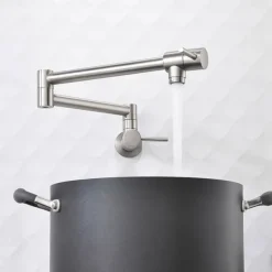 Pot Filler Kitchen Faucet Brushed Nickel, Foldable Sink Only Cold Water Taps, Wall Mount Brass Folding Fill Pot Kitchen Tap Double Joint Swing Arm Single Hole 2 Handle