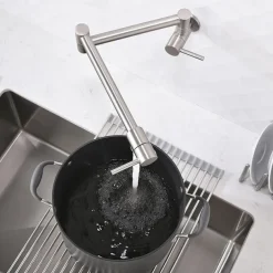 Pot Filler Kitchen Faucet Brushed Nickel, Foldable Sink Only Cold Water Taps, Wall Mount Brass Folding Fill Pot Kitchen Tap Double Joint Swing Arm Single Hole 2 Handle