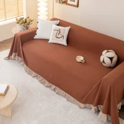 Primaloft Sofa Blanket Full Cover Pure Cotton Plain Color Not Fading Sofa Towel Sofa Cover with Ruffles