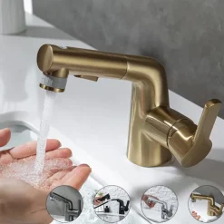 Pull Out Bathroom Sink Mixer Faucet, 360 swivel Pull Down Sprayer Basin Tap Brass, 2 Water Flow Modes with Rotating Spout, Single Handle Washroom Water Tap with Cold Hot Hose