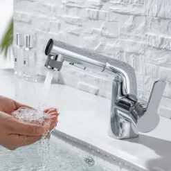 Pull Out Bathroom Sink Mixer Faucet, 360 swivel Pull Down Sprayer Basin Tap Brass, 2 Water Flow Modes with Rotating Spout, Single Handle Washroom Water Tap with Cold Hot Hose