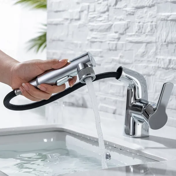 Pull Out Bathroom Sink Mixer Faucet, 360 swivel Pull Down Sprayer Basin Tap Brass, 2 Water Flow Modes with Rotating Spout, Single Handle Washroom Water Tap with Cold Hot Hose