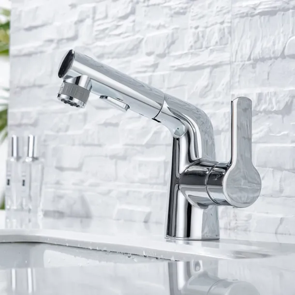 Pull Out Bathroom Sink Mixer Faucet, 360 swivel Pull Down Sprayer Basin Tap Brass, 2 Water Flow Modes with Rotating Spout, Single Handle Washroom Water Tap with Cold Hot Hose